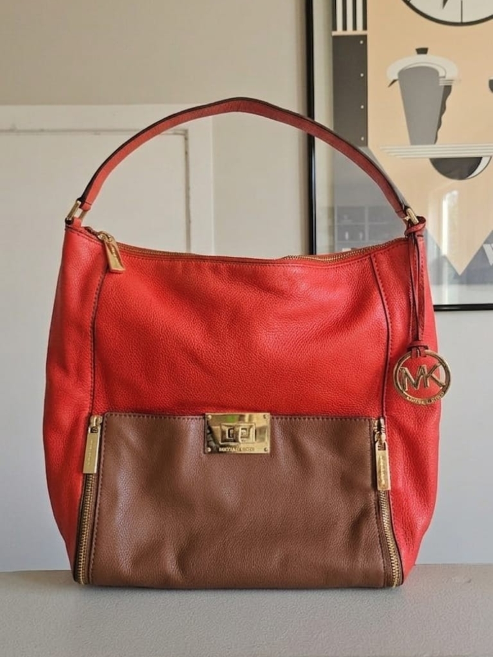 Michael Kors Red and Brown Leather Shoulder Hobo Bag